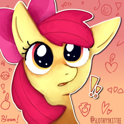 Size: 640x640 | Tagged: safe, artist:slothyykittee, apple bloom, earth pony, pony, g4, apple, bust, exclamation point, female, filly, foal, food, gradient background, portrait, solo