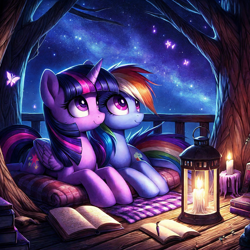 Size: 1536x1536 | Tagged: safe, ai composition, ai content, generator:dall-e 3, prompter:tyto4tme4l, rainbow dash, twilight sparkle, alicorn, butterfly, pegasus, pony, g4, blanket, book, candle, detailed background, duo, duo female, female, floor, lantern, lesbian, looking up, lying down, mare, night, night sky, pen, prone, railing, ship:twidash, shipping, sky, smiling, stargazing, stars, tree, twilight sparkle (alicorn), upscaled, wood