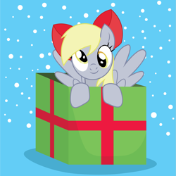 Size: 1601x1600 | Tagged: safe, artist:prixy05, derpy hooves, pegasus, pony, g4, blue background, bow, box, christmas, cute, derpabetes, female, hair bow, hat, holiday, looking at you, mare, pony in a box, present, santa hat, simple background, snow, snowfall, solo