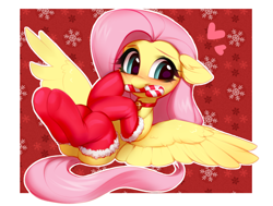 Size: 1732x1308 | Tagged: safe, artist:vensual99, fluttershy, pegasus, pony, g4, bell, bell collar, blushing, candy, candy cane, christmas, christmas stocking, clothes, collar, cute, daaaaaaaaaaaw, eyebrows, female, floppy ears, food, heart, hnnng, holiday, looking sideways, lying down, mare, mouth hold, on back, outline, passepartout, red socks, shyabetes, smiling, snow, snowflake, socks, solo, spread wings, weapons-grade cute, white outline, wings