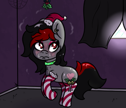 Size: 1163x1000 | Tagged: safe, artist:lazerblues, oc, oc only, oc:miss eri, blushing, choker, christmas, clothes, collar, emo, holiday, holly, holly mistaken for mistletoe, socks, solo, striped socks