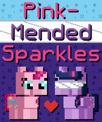 Size: 1080x1296 | Tagged: safe, artist:silk-rose, pinkie pie, twilight sparkle, alicorn, g4, cover, cover art, drop shadow, heart, love and tolerance resource pack, minecraft, pixel art, text, tiled background, twilight sparkle (alicorn), upscaled