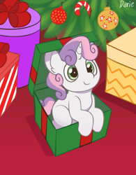 Size: 3200x4100 | Tagged: safe, artist:zeroonesunray, sweetie belle, pony, unicorn, g4, box, candy, candy cane, christmas, christmas tree, commission, cute, diasweetes, female, filly, foal, food, holiday, if i fits i sits, looking at you, mare, pony in a box, present, sitting, smiling, smiling at you, solo, tree, ych result