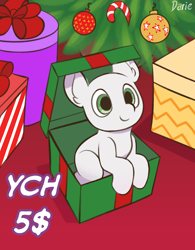 Size: 3120x3998 | Tagged: safe, artist:zeroonesunray, pony, box, candy, candy cane, christmas, christmas tree, commission, food, high res, holiday, pony in a box, present, sitting, solo, tree, your character here