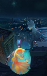 Size: 1904x3092 | Tagged: safe, artist:tucksky, original species, plane pony, city, commission, cyberpunk, mq-1, night, plane