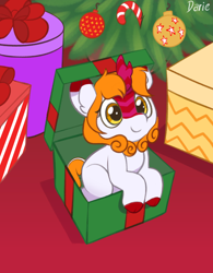 Size: 3200x4100 | Tagged: safe, artist:zeroonesunray, oc, oc only, oc:karenina senna, kirin, pony, box, candy, candy cane, christmas, christmas tree, cloven hooves, commission, female, food, holiday, kirin oc, pony in a box, present, sitting, solo, tree, ych result