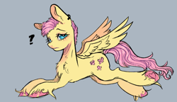 Size: 1129x652 | Tagged: safe, artist:kreeeeeez, fluttershy, pegasus, pony, g4, alternate hairstyle, aside glance, chest fluff, colored hooves, concave belly, ear piercing, female, gray background, helix piercing, hoof fluff, looking at you, lying down, mare, neck fluff, piercing, prone, question mark, short hair, simple background, solo, spread wings, sternocleidomastoid, three quarter view, underhoof, unshorn fetlocks, wings