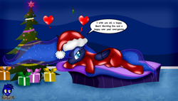 Size: 7680x4362 | Tagged: safe, artist:damlanil, princess luna, alicorn, pony, g4, absurd resolution, bed, bodysuit, christmas, christmas decoration, christmas tree, clothes, comic, cute, female, floating heart, folded wings, hat, heart, holiday, horn, latex, latex suit, looking at you, lunabetes, lying down, mare, mistletoe, on bed, present, prone, rubber, santa hat, shiny, show accurate, signature, smiling, smiling at you, solo, speech bubble, suit, symbiote, talking to viewer, text, tree, vector, wings