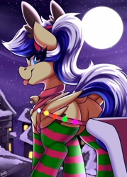 Size: 1500x2100 | Tagged: safe, artist:shadowreindeer, oc, oc only, oc:animatedpony, pegasus, bell, bell collar, butt, christmas, clothes, collar, commission, harness, holiday, moon, pegasus oc, plot, socks, solo, striped socks, tongue out, ych result