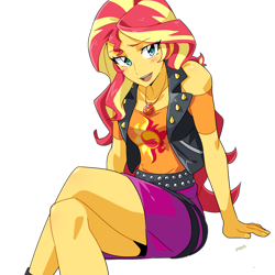 Size: 1586x1586 | Tagged: safe, artist:rustyartist, edit, editor:itsmgh1203, sunset shimmer, human, equestria girls, g4, my little pony equestria girls: better together, anime, background removed, blushing, boots, breasts, clothes, crossed legs, cute, cutie mark on clothes, eyebrows, female, geode of empathy, jewelry, leather, leather boots, leather vest, looking at you, magical geodes, necklace, open mouth, open smile, raised eyebrow, shimmerbetes, shoes, simple background, smiling, smiling at you, solo, stupid sexy sunset shimmer, transparent background, vest