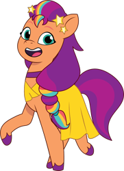 Size: 884x1218 | Tagged: safe, artist:prixy05, sunny starscout, earth pony, pony, baby critters, g5, my little pony: tell your tale, spoiler:g5, spoiler:my little pony: tell your tale, spoiler:tyts01e32, clothes, cute, dress, female, formal wear, mane stripe sunny, mare, simple background, solo, sunnybetes, transparent background, vector