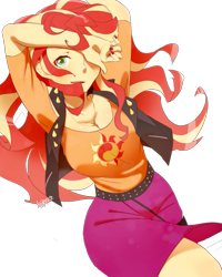 Size: 1419x1774 | Tagged: safe, artist:ku_rimo, artist:藻の生えた栗, edit, editor:itsmgh1203, sunset shimmer, human, equestria girls, equestria girls series, g4, adorasexy, anime, armpits, arms in the air, background edit, breasts, busty sunset shimmer, cleavage, clothes, cute, cutie mark on clothes, female, geode of empathy, jewelry, leather, leather vest, looking at you, magical geodes, nail polish, necklace, open mouth, open smile, sexy, shimmerbetes, simple background, skirt, smiling, smiling at you, solo, stupid sexy sunset shimmer, transparent background, vest