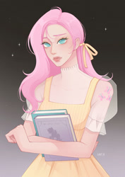 Size: 1280x1811 | Tagged: safe, artist:lovta, fluttershy, human, g4, alternate hairstyle, book, clothes, dress, eyeshadow, female, humanized, makeup, nail polish, see-through, solo, sundress