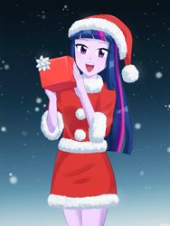 Size: 750x1000 | Tagged: safe, artist:riouku, twilight sparkle, human, equestria girls, g4, blushing, christmas, clothes, costume, cute, eye clipping through hair, eyebrows, eyebrows visible through hair, female, gradient background, hat, holiday, legs, long sleeves, looking at you, open mouth, open smile, present, santa costume, santa hat, skirt, smiling, smiling at you, snow, snowflake, solo, teeth, twiabetes