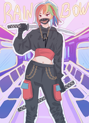 Size: 3231x4485 | Tagged: safe, artist:sanechkaa, rainbow dash, human, g4, alternate hairstyle, belly button, chains, clothes, face mask, female, gold chains, hoodie, humanized, katana, mask, midriff, ninja, pants, solo, sword, train, train car, weapon