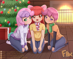 Size: 3071x2480 | Tagged: safe, artist:focusb, apple bloom, scootaloo, sweetie belle, human, equestria girls, g4, 2023, adorabloom, christmas, christmas tree, clothes, cute, cutealoo, cutie mark crusaders, diasweetes, female, fireplace, high res, holiday, human coloration, meta, ocbetes, pants, patreon, pixiv, present, tree, trio, twitter, watermark