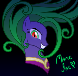 Size: 2500x2436 | Tagged: safe, artist:themajesticeye, mane-iac, earth pony, pony, g4, black background, evil smile, female, grin, high res, mare, outfit, simple background, smiling, solo
