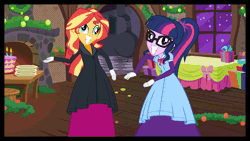 Size: 1136x640 | Tagged: safe, artist:cartoonmasterv3, sci-twi, sunset shimmer, twilight sparkle, human, equestria girls, g4, animated, christmas, christmas 2023, clothes, dress, duo, female, gif, holiday, long dress, long skirt, possessed, possession, ragdoll, skirt, victorian, victorian dress