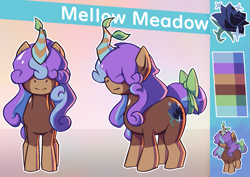 Size: 1891x1338 | Tagged: safe, artist:jade monsuta, oc, oc:mellow meadow, unicorn, abstract background, artificial horn, bow, coat markings, curly hair, cutie mark, facial markings, female, hair over eyes, highlights, horn, mealy mouth (coat marking), reference sheet, socks (coat markings), solo, tail, tail bow, tail bun, unicorn oc