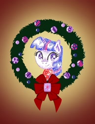 Size: 2550x3300 | Tagged: safe, alternate character, alternate version, artist:flutterluv, part of a set, twilight sparkle, pony, g4, bust, christmas, christmas wreath, gradient background, high res, holiday, portrait, smiling, solo, wreath