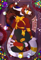 Size: 1092x1600 | Tagged: safe, artist:sunny way, oc, oc:shasehra gaelehrion, ki'rinaes, original species, anthro, equis universe, :p, art, artwork, bondage, box, christmas, christmas tree, cute, digital art, female, fluffy, fur, holiday, light, merry christmas, mlem, paws, present, ribbon, silly, solo, tongue out, tree