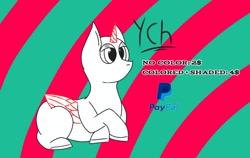 Size: 1440x910 | Tagged: safe, artist:thomas.senko, alicorn, earth pony, pegasus, pony, unicorn, any gender, any race, commission, female, horn, lidded eyes, lying down, male, paypal, prone, solo, striped background, your character here