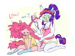 Size: 1024x768 | Tagged: safe, artist:7redteeths, pinkie pie, rarity, anthro, g4, ><, beanbrows, brush, brushing, clothes, duo, duo female, eyebrows, eyes closed, female, hair curlers, hairbrush, kneesocks, mare, mud mask, simple background, socks, striped socks, tongue out, white background