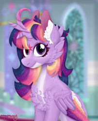 Size: 3055x3790 | Tagged: safe, artist:mrufka69, twilight sparkle, alicorn, pony, g4, alternate design, blurry background, body freckles, chest feathers, coat markings, colored ear fluff, colored pinnae, colored wings, curved horn, ear fluff, facial markings, female, folded wings, freckles, half body, high res, horn, looking at you, mare, multicolored mane, multicolored wings, pale belly, sitting, solo, sparkly mane, star (coat marking), twilight sparkle (alicorn), wings