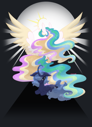 Size: 3281x4527 | Tagged: safe, artist:mrufka69, princess celestia, princess luna, alicorn, pony, g4, alternate design, body freckles, colored wings, crepuscular rays, curved horn, duo, duo female, female, floppy ears, folded wings, freckles, horn, looking at you, lying down, mare, prone, s1 luna, shadow, spread wings, two toned wings, wings