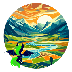 Size: 1024x1024 | Tagged: safe, artist:corymbia, oc, oc only, oc:corymbia, bat pony, adult blank flank, circle background, geometric, glowing mane, mountain, mountain range, newbie artist training grounds, profile picture, river, solo, sunset, valley, water