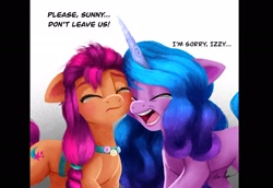 Size: 2022x1393 | Tagged: safe, artist:allisonpopick, izzy moonbow, sunny starscout, earth pony, pony, unicorn, g5, collaboration:sad my little pony g5, crying, dialogue, duo, duo female, female, fluttershy's cutie mark, mare, pins, rainbow dash's cutie mark, sad, twilight sparkle's cutie mark