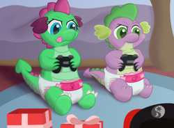 Size: 3400x2505 | Tagged: safe, artist:sweetielover, spike, oc, oc:goldigony, dragon, g4, bed, bedroom, carpet, christmas, concentrating, controller, diaper, diaper fetish, diapered, dragoness, duo, female, female symbol, fetish, game, gaming, hearth's warming, high res, holiday, male, male symbol, pink diaper, present, sitting, tongue out, video game, winter