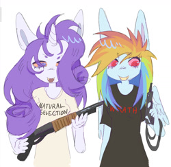 Size: 1280x1243 | Tagged: safe, artist:7redteeths, rainbow dash, rarity, anthro, g4, breasts, clothes, columbine, duo, duo female, female, gun, mare, shirt, simple background, t-shirt, weapon, white background