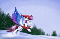 Size: 5000x3296 | Tagged: safe, artist:pony-stark, zipp storm, pegasus, pony, g5, christmas, clothed ponies, colored wings, female, fluffy, flying, holiday, large wings, mare, multicolored wings, snow, solo, unshorn fetlocks, wings