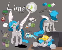 Size: 3058x2500 | Tagged: safe, artist:laymy, oc, oc only, oc:pearly lime, bat pony, pony, vaporeon, baseball cap, bat pony oc, cap, drawing tablet, female, food, gray background, hat, high res, hoof hold, mare, mug, paint, paintbrush, plushie, pokémon, ponysona, potted plant, reference sheet, simple background, solo, spread wings, stylus, tea, teabag, wings