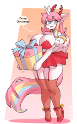 Size: 1359x2184 | Tagged: safe, artist:borvar, oc, oc:nekonin, alicorn, anthro, antlers, arm hooves, bare midriff, bell, bell collar, big breasts, blushing, breasts, busty boy, christmas, clothes, collar, dialogue, ear blush, femboy, garter belt, garters, high heels, holiday, hoof hold, intersex, male, present, shoes, skirt, solo, stockings, strapless, thigh highs