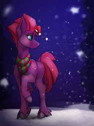 Size: 1500x2000 | Tagged: safe, artist:tenebrisnoctus, fizzlepop berrytwist, tempest shadow, pony, unicorn, g4, christmas, clothes, female, hat, holiday, horn, horn cap, mare, raised hoof, santa hat, scarf, snow, snowfall, solo, striped scarf, turned head, winter
