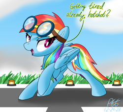 Size: 2000x1828 | Tagged: safe, artist:notadeliciouspotato, rainbow dash, pegasus, pony, g4, cloud, female, folded wings, goggles, goggles on head, grass, mare, open mouth, open smile, raised leg, runway, signature, smiling, solo, speech bubble, talking, talking to viewer, wings