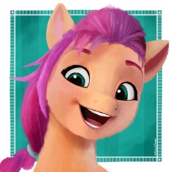 Size: 1440x1440 | Tagged: safe, artist:falloutfurret, sunny starscout, earth pony, pony, g5, bust, female, head tilt, looking at you, looking down, looking down at you, mare, open mouth, open smile, passepartout, portrait, smiling, smiling at you, solo