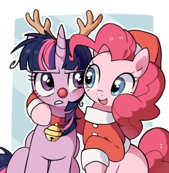 Size: 1944x1995 | Tagged: dead source, safe, artist:cheesesauce_45, pinkie pie, twilight sparkle, alicorn, earth pony, pony, g4, animal costume, bell, bell collar, christmas, clothes, collar, costume, duo, duo female, female, holiday, horn, mare, open mouth, open smile, red nose, reindeer costume, santa costume, simple background, smiling, twilight sparkle (alicorn), twilight sparkle is not amused, unamused