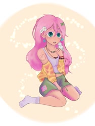 Size: 1125x1500 | Tagged: safe, artist:lunathekitsunegirl, fluttershy, bird, human, g4, alternate hairstyle, belly button, bracelet, cardigan, clothes, cute, ear piercing, earring, female, flower, flower in hair, humanized, jewelry, kneeling, midriff, necklace, open mouth, piercing, shorts, shyabetes, simple background, socks, solo, tank top, tattoo
