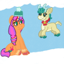Size: 1500x1500 | Tagged: safe, artist:mintwhistle, alice the reindeer, sunny starscout, deer, earth pony, pony, reindeer, g4, g5, antlers, bell, cloud, cloven hooves, coat markings, colored hooves, duo, duo female, female, floating, freckles, hat, looking at each other, looking at someone, mane stripe sunny, mare, medibang paint, no pupils, ribbon, sitting, smiling, smiling at each other, snow, snowfall, socks (coat markings), unshorn fetlocks, winter, winter hat