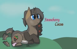 Size: 1440x910 | Tagged: safe, artist:thomas.senko, oc, oc only, oc:strawberry cocoa (the coco clan), monster pony, pony, unicorn, anklet, blaze (coat marking), blue eyes, blue sky, brown coat, brown hair, brown mane, brown tail, catchlights, coat markings, colored hooves, commission, commissioner:rautamiekka, crossed hooves, detailed background, ears up, eyes open, facial markings, female to male, food, gray hooves, happy, hoof ring, hooves, horn, jewelry, lighter underbelly, long mane, long mane male, looking forward, lying down, male, male oc, mane, mountain, no eyelashes, pony oc, prone, rule 63, segmented tail, smiling, smirk, solo, son, stallion, stallion oc, strawberry, tail, two toned coat, unicorn oc, ych result