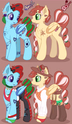 Size: 6895x11908 | Tagged: safe, artist:appleneedle, oc, oc only, oc:jingle belle jangle, oc:jingle belle rock, bat pony, pony, bat pony oc, bell choker, boots, bow, brown background, choker, christmas, christmas ornament, clothes, cowboy boots, cowboy hat, decoration, duo, ear piercing, earring, fangs, female, fingerless gloves, gloves, hair bow, hat, holiday, jewelry, lasso, looking at each other, looking at someone, mare, mismatched socks, nose piercing, open mouth, pants, piercing, ripped pants, rope, shirt, shoes, siblings, simple background, sisters, socks, stockings, striped socks, tank top, tattoo, thigh highs, torn clothes, twins, vest, wristband