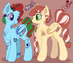 Size: 6895x5954 | Tagged: safe, artist:appleneedle, derpibooru exclusive, oc, oc only, oc:jingle belle jangle, oc:jingle belle rock, bat pony, pony, bat pony oc, bow, brown background, christmas, christmas ornament, decoration, duo, ear piercing, earring, fangs, female, hair bow, holiday, jewelry, looking at each other, looking at someone, mare, nose piercing, open mouth, piercing, siblings, simple background, sisters, tattoo, twins