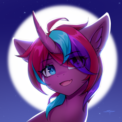 Size: 1500x1500 | Tagged: safe, artist:setharu, oc, oc only, oc:tempest revenant, pony, unicorn, bust, eye clipping through hair, female, horn, looking at you, mare, moon, simple background, smiling, solo