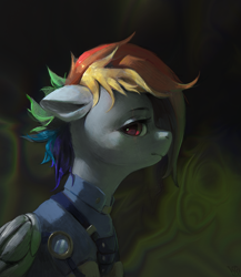 Size: 2601x3000 | Tagged: safe, artist:rvsd, rainbow dash, pegasus, pony, g4, the cutie re-mark, abstract background, alternate timeline, amputee, apocalypse dash, artificial wings, augmented, bust, commission, crystal war timeline, female, frown, high res, lidded eyes, looking at you, mare, prosthetic limb, prosthetic wing, prosthetics, side view, solo, wings