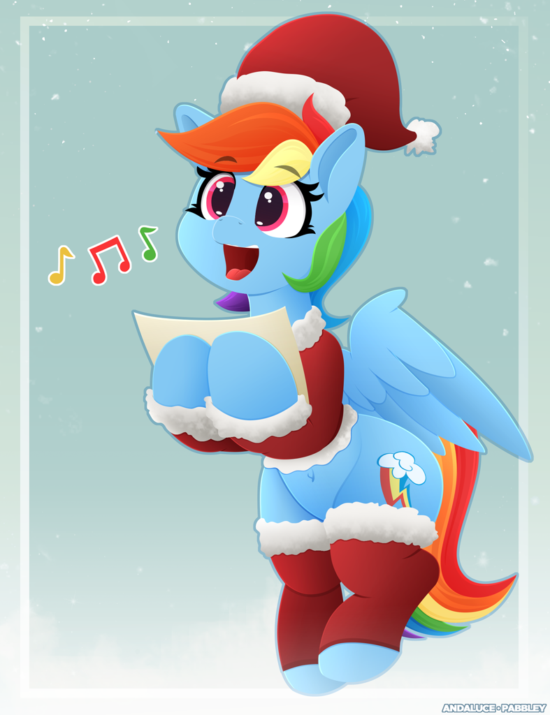 [belly button,caroling,christmas,christmas carol,clothes,color edit,colored,cute,edit,female,g4,happy,hat,holding,holiday,mare,music notes,open mouth,pegasus,pony,rainbow dash,safe,santa hat,singing,socks,solo,lineless,dashabetes,artist:andaluce,artist:pabbley]