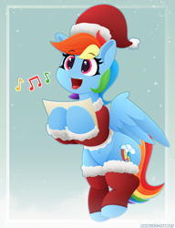 Size: 1768x2300 | Tagged: safe, artist:andaluce, artist:pabbley, color edit, edit, rainbow dash, pegasus, pony, g4, belly button, caroling, christmas, christmas carol, clothes, colored, cute, dashabetes, eyebrows, eyebrows visible through hair, female, happy, hat, high res, holding, holiday, lineless, mare, music notes, open mouth, open smile, santa hat, singing, smiling, socks, solo, spread wings, wings