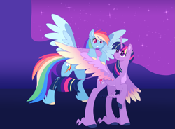 Size: 5555x4096 | Tagged: safe, artist:traveleraoi, rainbow dash, twilight sparkle, alicorn, pegasus, pony, g4, magical mystery cure, colored pupils, colored wings, colored wingtips, digital art, duo, duo female, ear fluff, female, flying, hooves, leonine tail, looking at each other, looking at someone, mare, night, one wing out, rainbow power, raised leg, scene interpretation, smiling, starry night, tail, twilight sparkle (alicorn), unshorn fetlocks, watermark, wings